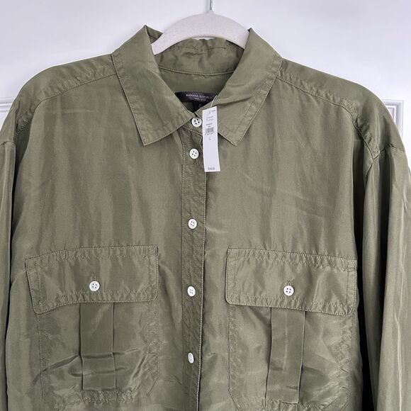 NWT Banana Republic Silk Top Womens Size L Green Long Utility Blouse Career - Picture 6 of 13
